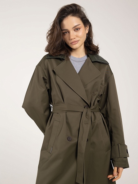 Тренч с воротником из экокожи